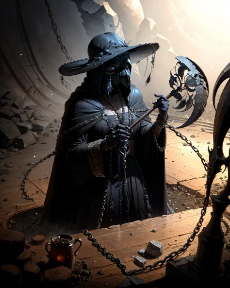 (Masterpiece, Best Quality), highres, (8k resolution), centered, (ultra-detailed), madgod, solo, plague doctor, quaker hat, chains, black veil, black (beaked mask), mask, cloak, dress, volumetric lighting:1.1, dark, (details:1.2), sharp focus, floating particles, (depth of field), high quality, fuji 85mm, ruins, scenery, extremely detailed background, nightmare, 8k, intricate, holding, scythe, long fingers, long fingernails, photorealistic, dslr, hdr, <lora:MADGOD:0.8>