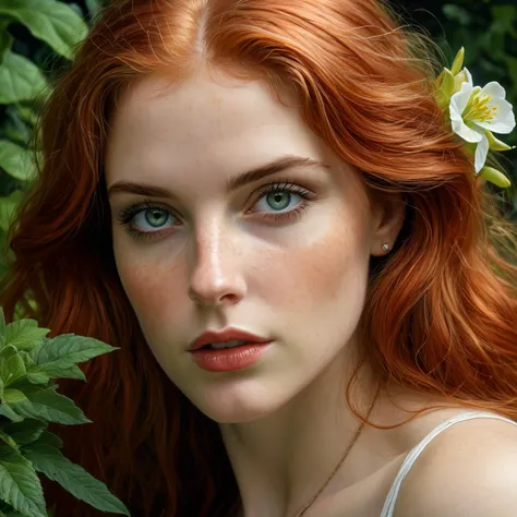 Masterpiece, raw photo, high quality, Masterpiece, best quality, high quality, realistic, high detailed, ultra detailed, intricate detailed, award winning, Illustration of a woman with red hair, green eyes, surrounded by lush greenery and flowers. She has a contemplative gaze. Art by Donato Giancola, artstation_sample, Watercolours, 8k,16k, 32k, (Intricate details:1.2),, 8k, 16k, uhd, sharp lines, (lots of details:1.2), extremely detailed, absurdres, intricate detailed, cinematic scene, best quality, high detailed, ultra sharp, photorealistic, award winning,