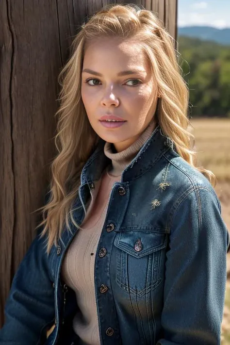 (RAW, analogue, Nikon Z 14mm ultra-wide angle lens, award-winning glamour photograph, ((best quality)), ((masterpiece)), ((realistic)), skin pores, subsurface scattering, radiant light rays, high-res, detailed facial features, high detail, sharp focus, smooth, aesthetic, extremely detailed, (extremely detailed eyes, extremely detailed iris), extremely detailed hair, extremely detailed skin, extremely detailed clothes, octane render, photorealistic, realistic, post-processing, max detail, realistic shadows, roughness, natural skin texture, real life, ultra-realistic, photorealism, photography, 8k UHD, photography, hdr, intricate, elegant, highly detailed, sharp focus, stunning, beautiful, gorgeous), (photorealistic), (realistic), k4th3rineh3ig1, full body, blonde hair, brown eyes, (denim jacket:1.3), (black turtleneck sweater:1.1), jeans, lips, outdoors, on a ranch, leaning on a wooden post, looking at viewer, upper body, morning, bright, <lora:Katherine_Heigl_PMv1_Lora:1.3>,