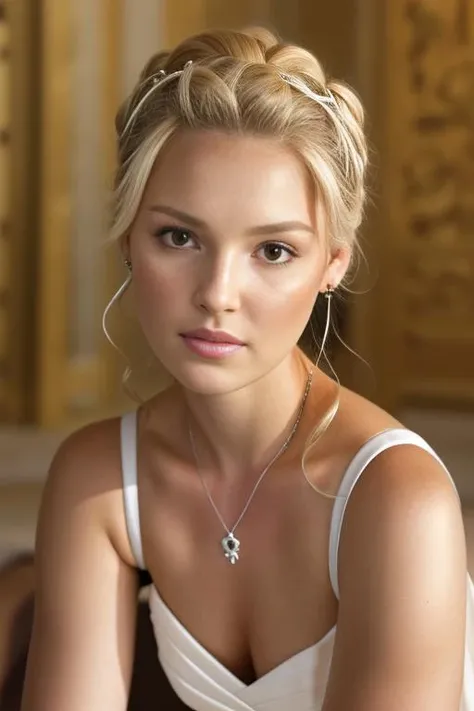 k4th3rineh3ig1, full body, blonde hair, brown eyes, Jewelry, earring, indoor, chapel, wedding gown, bouquet, hair bun, upper body, <lora:Katherine_Heigl_PMv1_Lora:1.3>,, RAW candid cinema, 16mm, color graded portra 400 film, remarkable color, ultra realistic, textured skin, remarkable detailed pupils, realistic dull skin noise, visible skin detail, skin fuzz, dry skin, shot with cinematic camera, ((Medium-Shot))