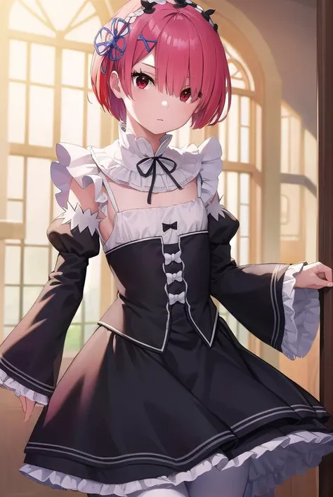 rezeroram, <lyco:rezeroram-lyco-nochekaiser:1>, 
ram, hair flower, hair ornament, hair over one eye, pink hair, (red eyes:1.5), short hair, x hair ornament, bangs, blunt bangs, (flat chest:1.2),
BREAK apron, black bow, black dress, black ribbon, bow, detached sleeves, dress, frilled apron, frilled sleeves, frills, juliet sleeves, long sleeves, maid, neck ribbon, puffy sleeves, ribbon, roswaal mansion maid uniform, thighhighs, two-tone dress, waist apron, white bow, white dress, white thighhighs,
BREAK indoors, mansion,
BREAK looking at viewer, (cowboy shot:1.5),
BREAK <lyco:GoodHands-beta2:1>, (masterpiece:1.2), best quality, high resolution, unity 8k wallpaper, (illustration:0.8), (beautiful detailed eyes:1.6), extremely detailed face, perfect lighting, extremely detailed CG, (perfect hands, perfect anatomy),