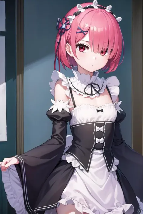 rezeroram, <lyco:rezeroram-lyco-nochekaiser:1>,
ram, hair flower, hair ornament, hair over one eye, pink hair, (red eyes:1.5), short hair, x hair ornament, bangs, blunt bangs, (flat chest:1.2),
BREAK apron, black bow, black dress, black ribbon, bow, detached sleeves, dress, frilled apron, frilled sleeves, frills, juliet sleeves, long sleeves, maid, neck ribbon, puffy sleeves, ribbon, roswaal mansion maid uniform, thighhighs, two-tone dress, waist apron, white bow, white dress, white thighhighs,
BREAK indoors, mansion,
BREAK looking at viewer, (cowboy shot:1.5),
BREAK <lyco:GoodHands-beta2:1>, (masterpiece:1.2), best quality, high resolution, unity 8k wallpaper, (illustration:0.8), (beautiful detailed eyes:1.6), extremely detailed face, perfect lighting, extremely detailed CG, (perfect hands, perfect anatomy),