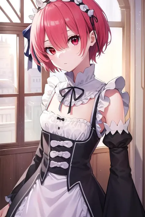 rezeroram, <lyco:rezeroram-lyco-nochekaiser:1>, 
ram, hair flower, hair ornament, hair over one eye, pink hair, (red eyes:1.5), short hair, x hair ornament, bangs, blunt bangs, (flat chest:1.2),
BREAK apron, black bow, black dress, black ribbon, bow, detached sleeves, dress, frilled apron, frilled sleeves, frills, juliet sleeves, long sleeves, maid, neck ribbon, puffy sleeves, ribbon, roswaal mansion maid uniform, thighhighs, two-tone dress, waist apron, white bow, white dress, white thighhighs,
BREAK indoors, mansion,
BREAK looking at viewer, (cowboy shot:1.5),
BREAK <lyco:GoodHands-beta2:1>, (masterpiece:1.2), best quality, high resolution, unity 8k wallpaper, (illustration:0.8), (beautiful detailed eyes:1.6), extremely detailed face, perfect lighting, extremely detailed CG, (perfect hands, perfect anatomy),