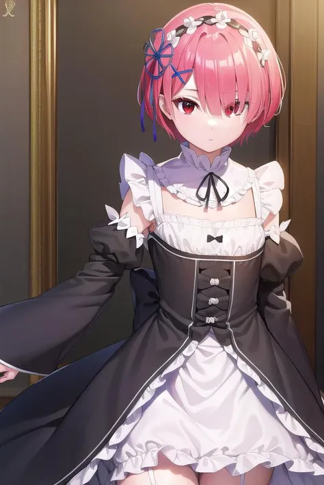 rezeroram, <lyco:rezeroram-lyco-nochekaiser:1>,
ram, hair flower, hair ornament, hair over one eye, pink hair, (red eyes:1.5), short hair, x hair ornament, bangs, blunt bangs, (flat chest:1.2),
BREAK apron, black bow, black dress, black ribbon, bow, detached sleeves, dress, frilled apron, frilled sleeves, frills, juliet sleeves, long sleeves, maid, neck ribbon, puffy sleeves, ribbon, roswaal mansion maid uniform, thighhighs, two-tone dress, waist apron, white bow, white dress, white thighhighs,
BREAK indoors, mansion,
BREAK looking at viewer, (cowboy shot:1.5),
BREAK <lyco:GoodHands-beta2:1>, (masterpiece:1.2), best quality, high resolution, unity 8k wallpaper, (illustration:0.8), (beautiful detailed eyes:1.6), extremely detailed face, perfect lighting, extremely detailed CG, (perfect hands, perfect anatomy),