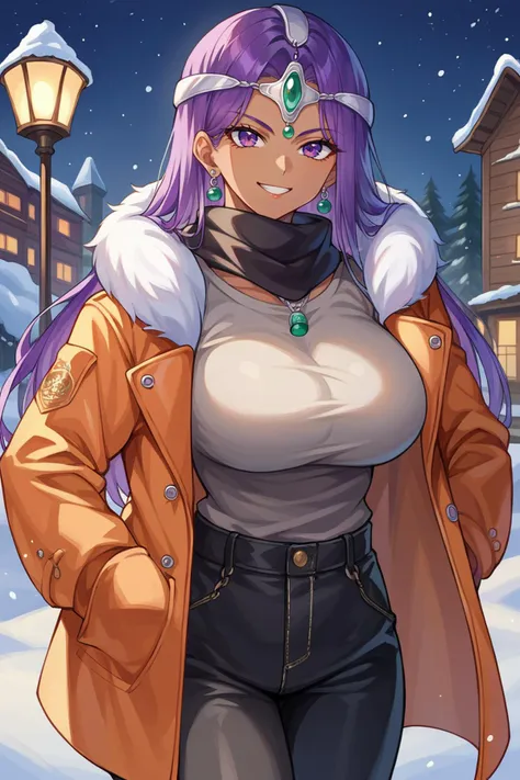 score_9, score_8_up, score_7_up, score_6_up, source_anime BREAK 1girl, solo  <lora:mineamanya-pdxl-nvwls-v1-000005:1> dqManya, purple hair, circlet, earrings, large breasts, orange coat, winter coat, black scarf, grey shirt, black pants, winter, snow, night, dark skin, smile, looking at you