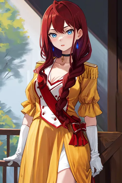 masterpiece, best quality, highres, 1girl, earrings yellow dress white dress black choker cleavage puffy short sleeves epaulettes white gloves elbow gloves <lora:sylphine_maise_palettia:1> standing