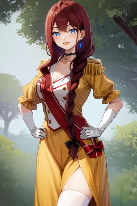 masterpiece, best quality, highres, 1girl, earrings yellow dress white dress black choker cleavage puffy short sleeves epaulettes white gloves elbow gloves <lora:sylphine_maise_palettia:1> hand on hip, smile