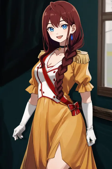 masterpiece, best quality, highres, 1girl, earrings yellow dress white dress black choker cleavage puffy short sleeves epaulettes white gloves elbow gloves <lora:sylphine_maise_palettia:1> standing, smile