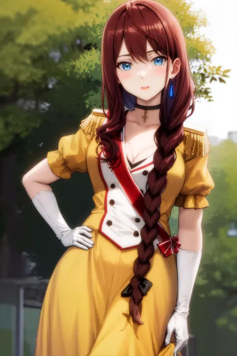masterpiece, best quality, highres, 1girl, earrings yellow dress white dress black choker cleavage puffy short sleeves epaulettes white gloves elbow gloves <lora:sylphine_maise_palettia:1> photorealistic, hand on hip