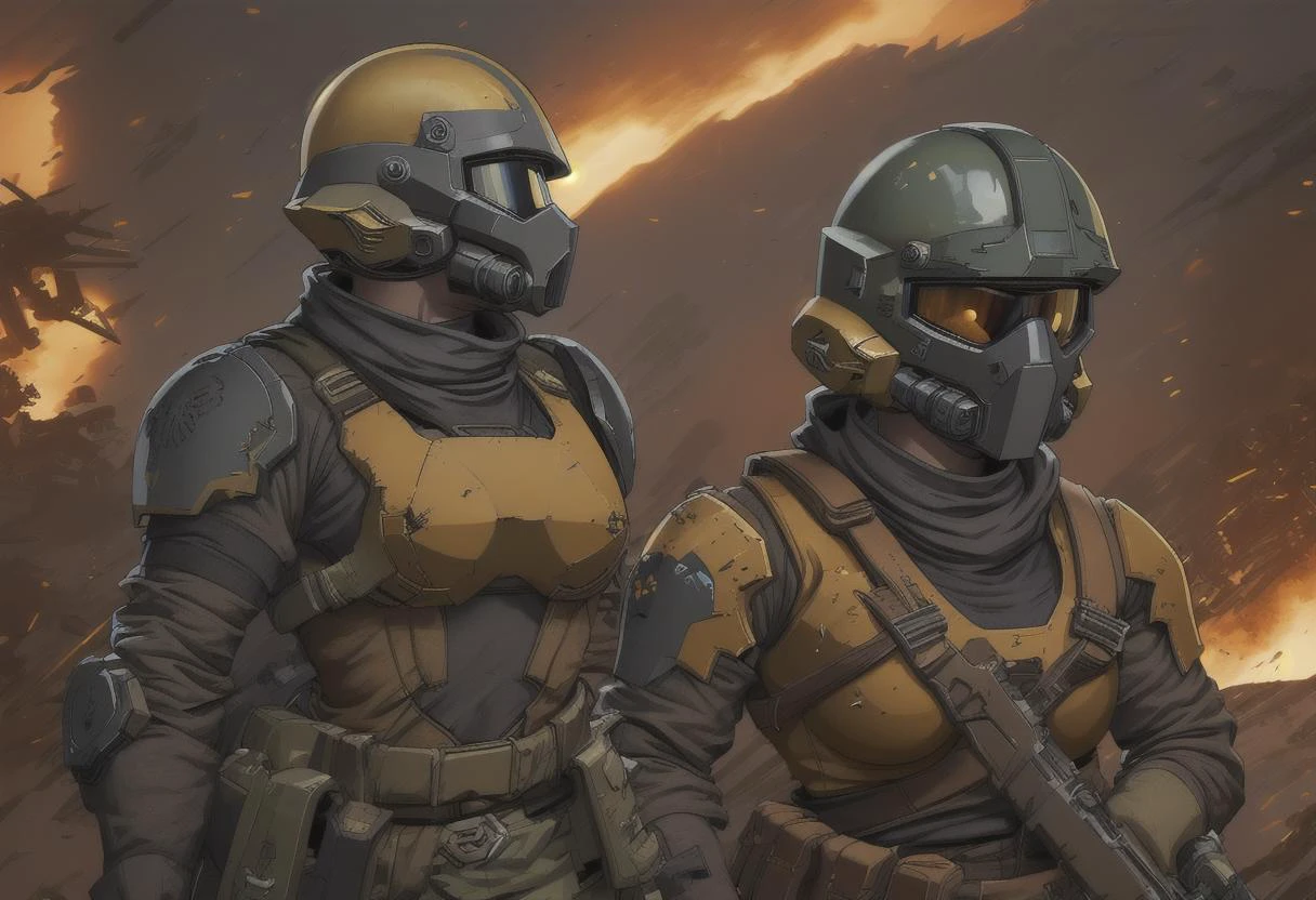 helldiver,young woman wearing light helldiver armor,open helmet,explosions,absurdres,colorful,<lora:HGHD_FANTASY_BEAUTIES:0.4>,upper_body,ripped clothes,breast exposed,<lora:Helldiver:0.5>,after combat,helldivers,serious looking down,