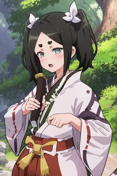 best quality, masterpiece, highres, solo, {white kimono:1.35}, {red hakama:1.35}, {wide sleeves:1.20}, {toxico_dannar_futokunoguild:1.15}, black_hair, twintails, blue_eyes, hair_ornament, blush, thick_eyebrows, open_mouth
