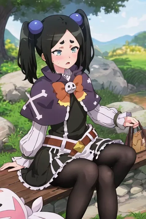 best quality, masterpiece, highres, solo, {toxico_dannar_futokunoguild:1.15}, black_hair, twintails, blue_eyes, hair_ornament, blush, thick_eyebrows, open_mouth, 1girl, bow, closed_mouth, frown, looking_at_viewer, sweatdrop, upper_body, parted_bangs, capelet