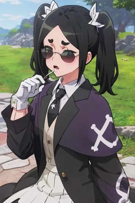 best quality, masterpiece, highres, solo, {black business suit:1.40}, {tie:1.20}, {sunglasses:1.25}, {white gloves:1.15}, {white shirt:1.10}, {black skirt:1.15}, {smoking:1.20}, handsome, {toxico_dannar_futokunoguild:1.15}, black_hair, twintails, blue_eyes, hair_ornament, blush, thick_eyebrows, open_mouth