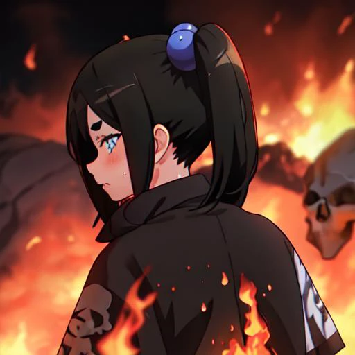 best quality, masterpiece, highres, solo, <lora:toxico_dannar_futokunoguild:0.9>, black_hair, twintails, blue_eyes, hair_ornament, thick_eyebrows, 1girl,
bow, sweatdrop, skull,
burning clothes, black sunglasses, badass, walking, burning clothes, close up, side view, fire on clothes,