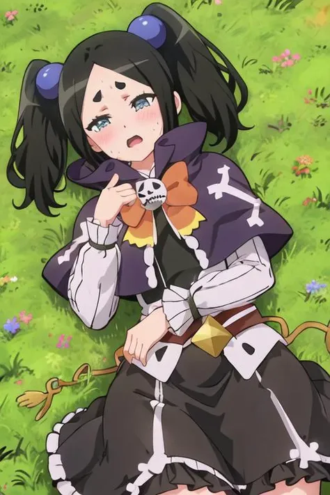 best quality, masterpiece, highres, solo, {toxico_dannar_futokunoguild:1.15}, black_hair, twintails, blue_eyes, hair_ornament, blush, thick_eyebrows, open_mouth, 1girl, lying, shirt, on_back, sweat, grass
