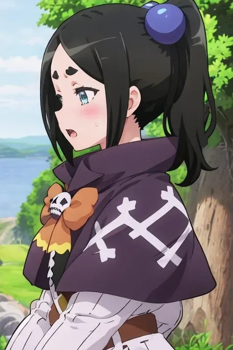 best quality, masterpiece, highres, solo, {toxico_dannar_futokunoguild:1.15}, black_hair, twintails, blue_eyes, hair_ornament, blush, thick_eyebrows, open_mouth, 1girl, ponytail, profile, upper_body, outdoors