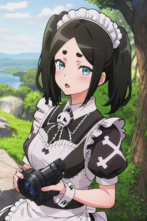 best quality, masterpiece, highres, solo, {maid:1.40}, {long maid dress:1.15}, {toxico_dannar_futokunoguild:1.15}, black_hair, twintails, blue_eyes, hair_ornament, blush, thick_eyebrows, open_mouth