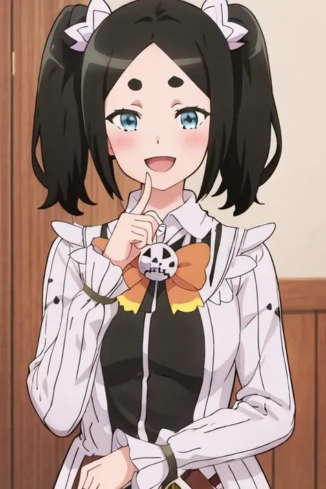 best quality, masterpiece, highres, solo, {toxico_dannar_futokunoguild:1.15}, black_hair, twintails, blue_eyes, hair_ornament, blush, thick_eyebrows, open_mouth, 1girl, short_eyebrows, smile, upper_body, :d, looking_at_viewer
