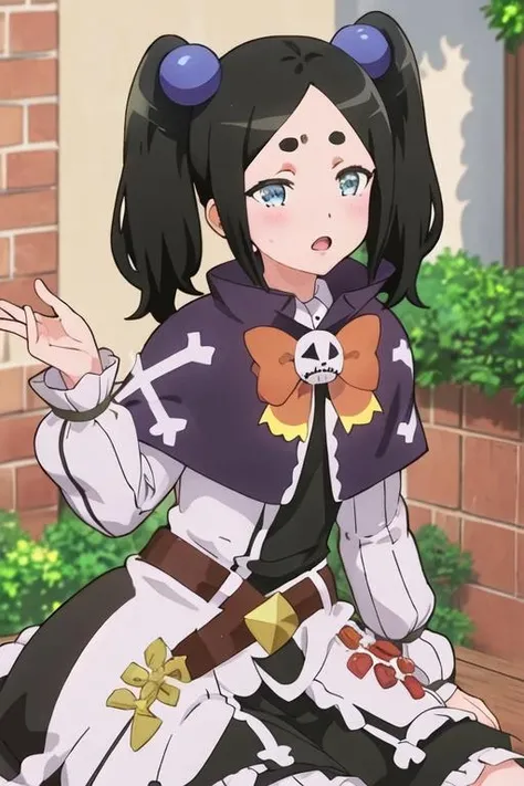 best quality, masterpiece, highres, solo, {toxico_dannar_futokunoguild:1.15}, black_hair, twintails, blue_eyes, hair_ornament, blush, thick_eyebrows, open_mouth, 1girl, looking_at_viewer, short_eyebrows, bangs, parted_bangs, multiple_girls