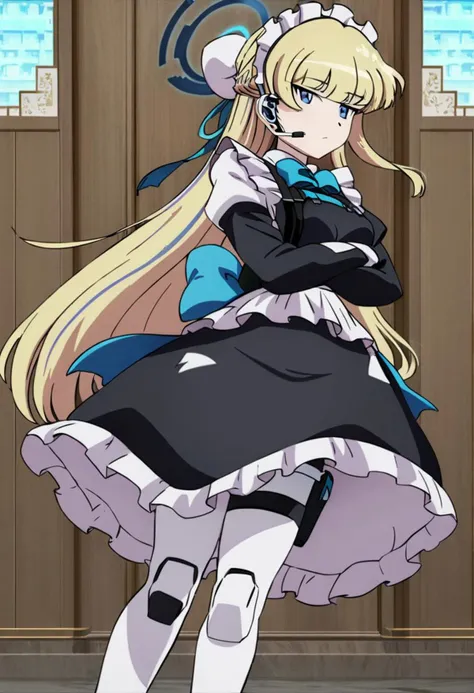 masterpiece, best quality, <lora:tgm-v2:1>, anime coloring, 1girl, solo, very aesthetic, absurdres, ultra detailed, perfect features, intricate details, toki \(blue archive\), standing, feet out of frame, perspective, looking to the side, crossed arms, emotionless, blue halo, short blonde hair with blue streaks, blue eyes, french braid, single hair bun held with a blue hair ribbon, tactical maid outfit, maid headdress, bun cover, earpiece, blue bowtie, skirt set consisting of a black shirt with juliet sleeves, black layered skirt consisting of miniskirt worn over a long skirt with a huge back bow, white maid apron, chest harness, black fingerless, elbow gloves, black belt with multiple pouches, thigh holster, white high-heel thigh boots