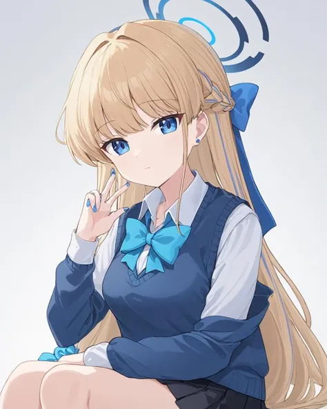toki \(blue archive\),1girl, halo, solo, wrist_scrunchie, school_uniform, white_background, looking_at_viewer, blue_nails, simple_background, sweater_vest, white_shirt, pleated_skirt, collared_shirt, long_sleeves, black_skirt, braid, vest, nail_polish, hair_bow, closed_mouth, blue_bowtie, sitting, alternate_costume, arm_support
<lora:toki_(blue_archive)_image4932_2023-11-28-000009:1>halo. gorgeous,key visual, vibrant, studio anime,award-winning, professional, highly detailed,high budget, cinemascope