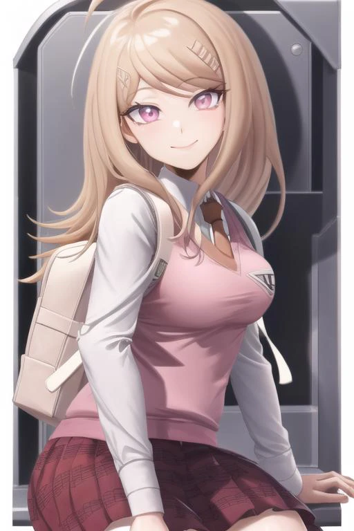 Masterpiece, Best Quality, <lora:KaedeDG:1>, KaedeDG, 1girl, necktie, sweater vest, breasts, looking at viewer, shirt, long sleeves, solo, backpack, beamed eighth notes, white shirt, collared shirt, medium breasts, school uniform, smile, solo, close-up,