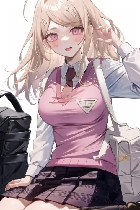<lora:KaedeDG:1>, KaedeDG, 1girl, gradient background, gradient, skirt, necktie, sweater vest, breasts, open mouth, looking at viewer, smile, shirt, long sleeves, pleated skirt, solo, backpack, beamed eighth notes, white shirt, grey background, cowboy shot, print skirt, twitter username, hand up, collared shirt, blush, medium breasts, bag, school uniform, striped