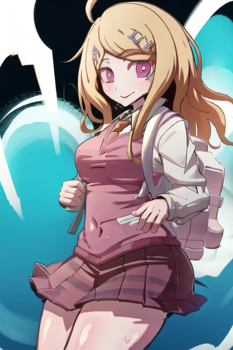 <lora:KaedeDG:1>, KaedeDG, 1girl, necktie, sweater vest, breasts, looking at viewer, shirt, long sleeves, solo, backpack, beamed eighth notes, white shirt, collared shirt, medium breasts, smile, solo, close-up, <lora:HakikaStyle:1>