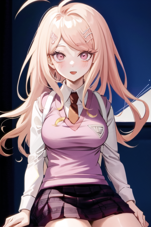 Anime girl with long pink hair and a tie sitting on a chair - SeaArt AI