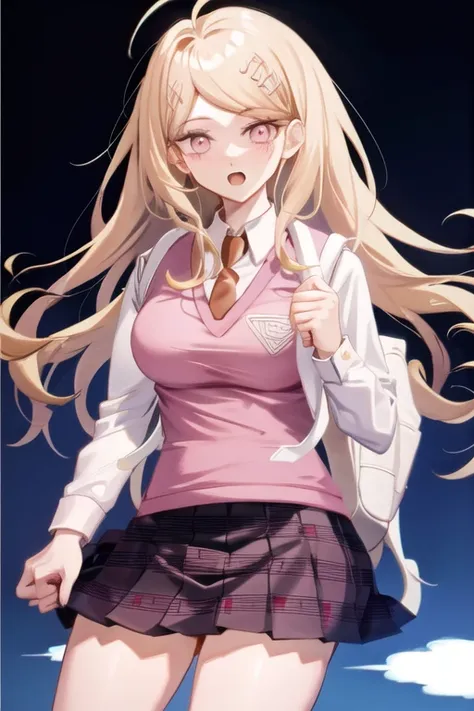 <lora:KaedeDG:1>, KaedeDG, 1girl, gradient background, gradient, skirt, necktie, sweater vest, breasts, open mouth, looking at viewer, smile, shirt, long sleeves, pleated skirt, solo, backpack, beamed eighth notes, white shirt, grey background, cowboy shot, print skirt, twitter username, hand up, collared shirt, blush, medium breasts, bag, school uniform, striped