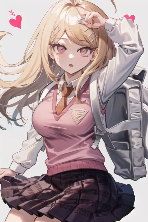 <lora:KaedeDG:1>, KaedeDG, 1girl, skirt, necktie, sweater vest, breasts, open mouth, looking at viewer, smile, shirt, long sleeves, pleated skirt, solo, backpack, beamed eighth notes, white shirt, cowboy shot, print skirt, hand up, collared shirt, blush, medium breasts, school uniform, striped, holding, cards, holding card, playing card,