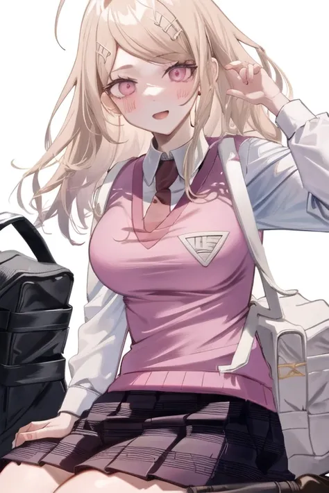 <lora:KaedeDG:1>, KaedeDG, 1girl, gradient background, gradient, skirt, necktie, sweater vest, breasts, open mouth, looking at viewer, smile, shirt, long sleeves, pleated skirt, solo, backpack, beamed eighth notes, white shirt, grey background, cowboy shot, print skirt, twitter username, hand up, collared shirt, blush, medium breasts, bag, school uniform, striped