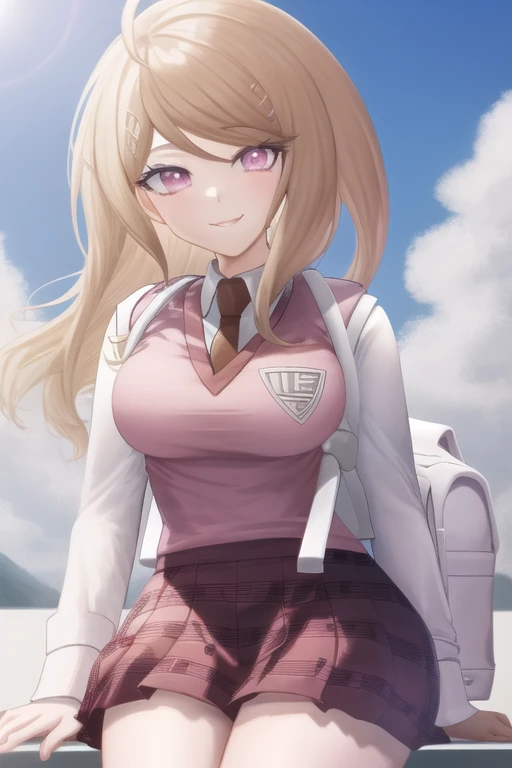 Masterpiece, Best Quality, <lora:KaedeDG:1>, KaedeDG, 1girl, necktie, sweater vest, breasts, looking at viewer, shirt, long sleeves, solo, backpack, beamed eighth notes, white shirt, collared shirt, medium breasts, school uniform, smile, solo, close-up,