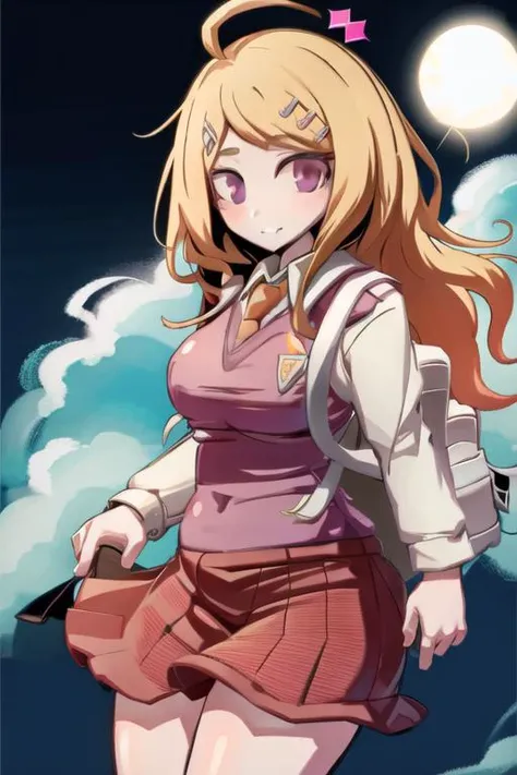 <lora:KaedeDG:0.9>, KaedeDG, 1girl, necktie, sweater vest, breasts, looking at viewer, shirt, long sleeves, solo, backpack, beamed eighth notes, white shirt, collared shirt, medium breasts, smile, solo, close-up, <lora:HakikaStyle:1>, HakikaStyle, Sun,