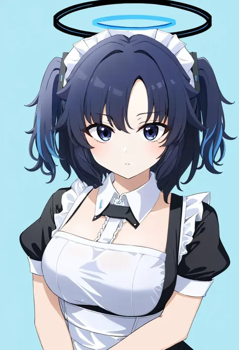 (yuuka:1.3) 1girl, upper body, halo, blue black hair, maid, simple background