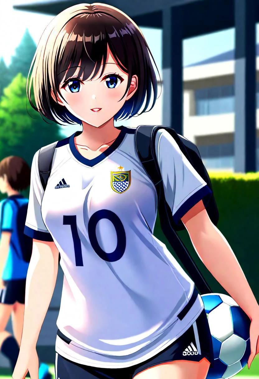 girl, short hair, wearing a shirt of the soccer team, leaving school, clear focus (house: 0.8), (masterpiece: 1.2) (Realistic: 1.2) (Bokeh) (Best quality) (Detailed Skin: 1.3) (Intricate Details) (8K) (Detail Eyes) (Sharp Focus), (Happy)