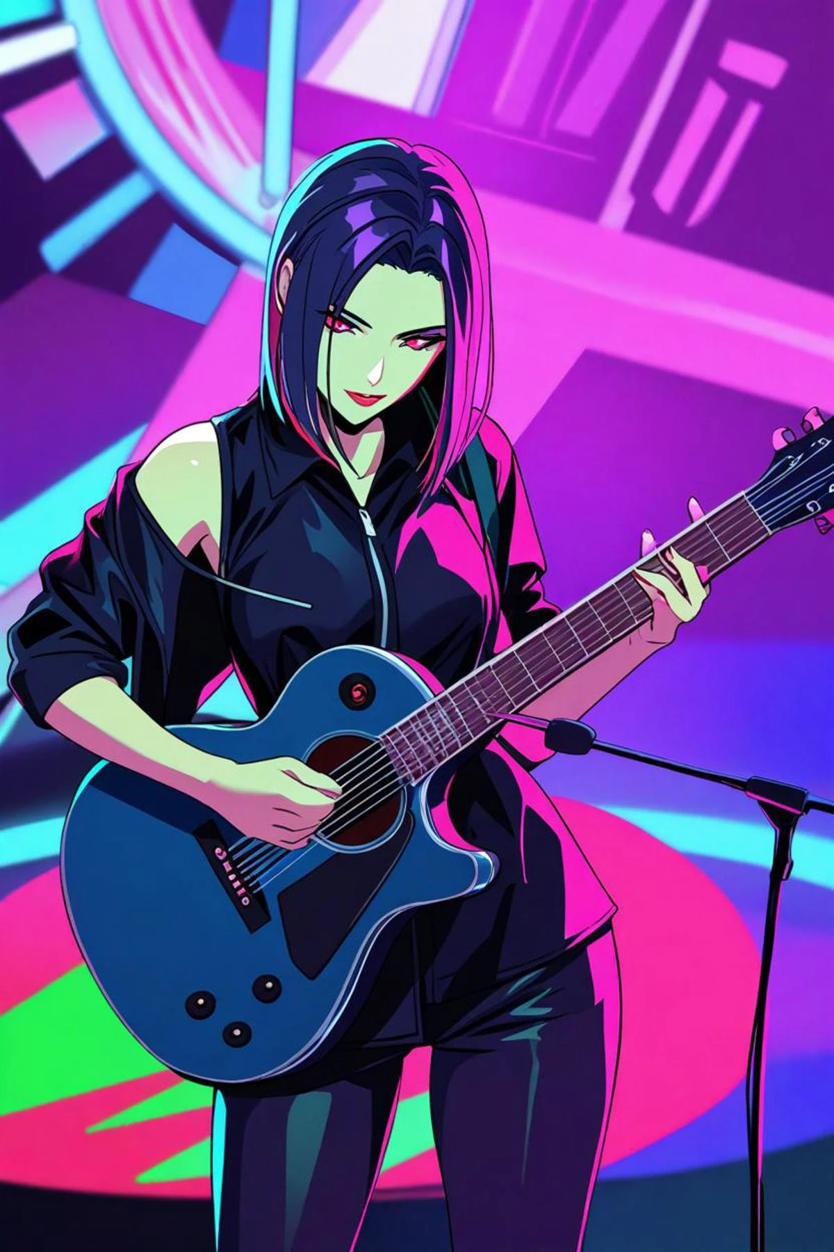a portrait of beautiful woman and playing guitar in a circle pit in the style of cyberpunk transhumanist, australian, <lora:sdxl_lightning_8step_lora.safetensors:1.0>, <lora:add detail xl.safetensors:1.5>, masterpiece, best quality, very aesthetic, absurdres, amazing quality, beautiful color,