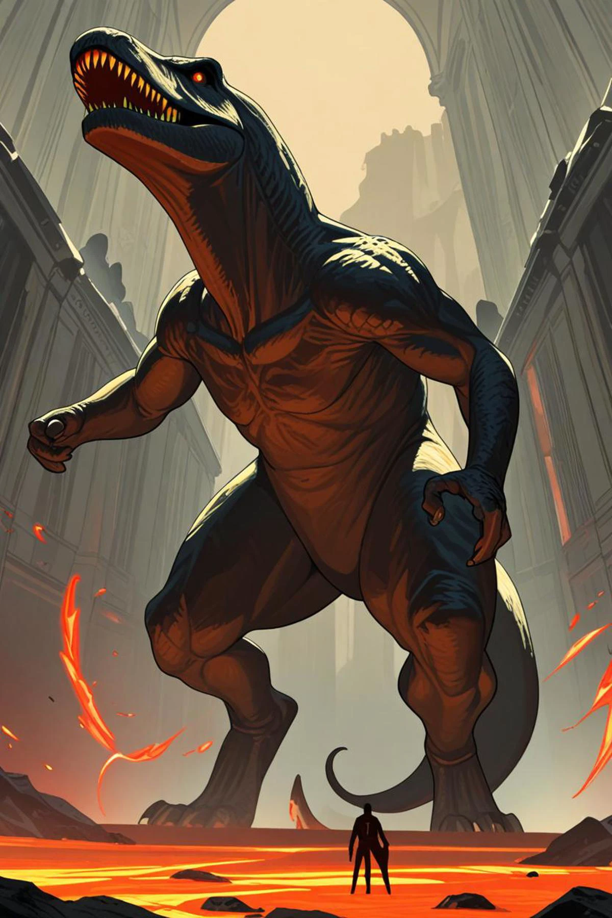 a trex and jeremiah in a an ecological gothic scene in the style of beksinski masterpiece, triumphant pose, <lora:sdxl_lightning_8step_lora.safetensors:1.0>, <lora:add detail xl.safetensors:1.5>, masterpiece, best quality, very aesthetic, absurdres, amazing quality, beautiful color,