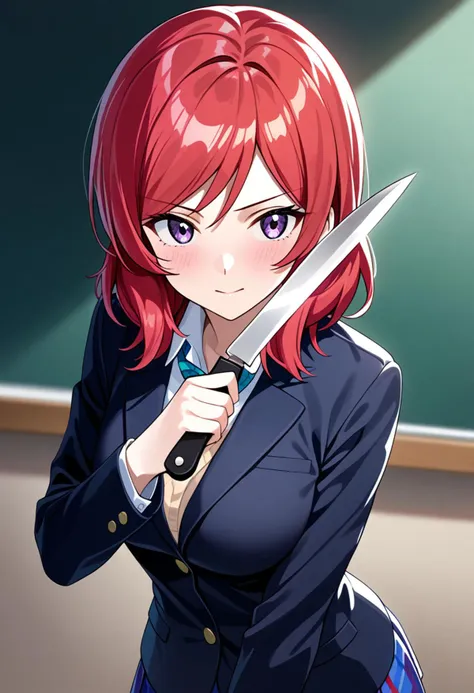 1girl, solo, nishikino maki, otonokizaka school uniform, holding one knife, masterpiece, best quality, very aesthetic, absurdres, amazing quality, beautiful color,