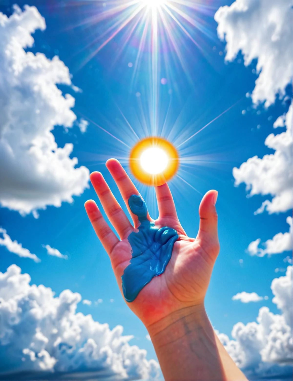 1080x1400, 1080 x 1400; disembodied hand, reaching, pov, cloud, sun, light rays, All surface textures are highly realistic and varied, even on the same surface, showing the attention to detail of reality, and the painstaking time taken to craft this image. Even things like eyelashes are in some areas slightly more or less sparse and varied to ensure a realistic appearance, and this level of care applies to every centimeter of the picture. In reality, things are rarely perfect, and flaws are considered beautiful, and this image embraces and uses these flaws to create true believable beauty. From the varying textures of surfaces, each one bringing something new and unique to the composition, and the imperfections or random variation in anatomical configurations, each things is perfect in its imperfection, The most compelling work of art ever produced, every intricate detail holding a narrative or philosophical concept that entrances. The entire composition is lauded by the modern masters as truly mesmerizing, the artwork itself considered by some too sacred to even show the common world. The work is dynamic and complicated, with multiple forms of media layered in complex and innovative ways, at times mind-bending in the creative solutions the artist found to produce what is lauded as the only truly creative work ever produced by mankind, 1080x1400, 1080 x 1400; disembodied hand, reaching, pov, cloud, sun, light rays, vivid colors, aesthetic, artistic, vibrant, intricate, innocent, detailed, atmosphere, gorgeous, luxury, very coherent, cinematic, fascinating, beautiful, stunning, marvelous, highly thought, clear, color, pretty, attractive, epic, best, pure