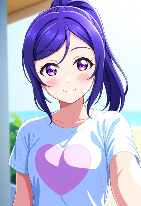 v-mag, 1girl, love live matsuura kanan, purple eyes, ponytail, upper body, t-shirt, best quality, amazing quality, very aesthetic, absurdres