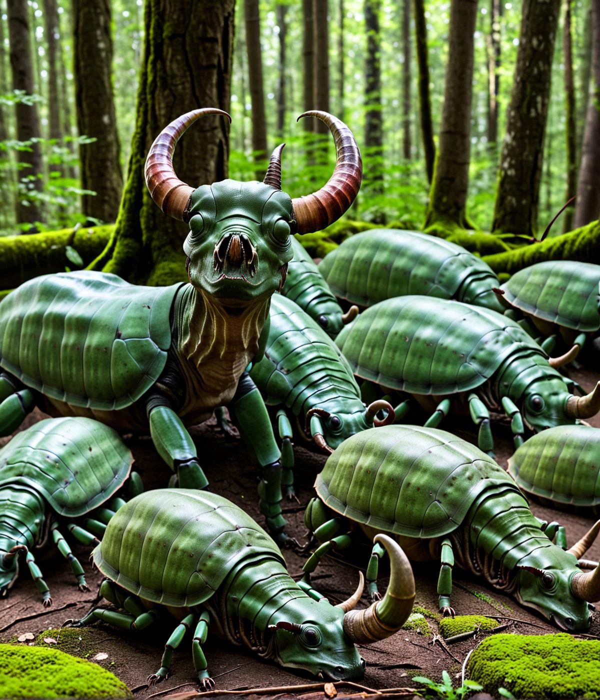 score_9, score_8_up, score_7_up, 1200x1400, 1200 x 1400; Capture a hyper-realistic photograph of a powerful creature, a beetle with the armored body and horn of a rhinoceros, combined with the sleek, cunning face and bushy tail of a fox. The beetleâs body is dark and glossy, with a large, curved horn at the front, while its face has sharp, fox-like features, and its tail is thick and furred. The scene is set in a dense, ancient forest, with the creature emerging from the undergrowth, its horn glinting in the dappled light, All surface textures are highly realistic and varied, even on the same surface, showing the attention to detail of reality, and the painstaking time taken to craft this image. Even things like eyelashes are in some areas slightly more or less sparse and varied to ensure a realistic appearance, and this level of care applies to every centimeter of the picture. In reality, things are rarely perfect, and flaws are considered beautiful, and this image embraces and uses these flaws to create true believable beauty. From the varying textures of surfaces, each one bringing something new and unique to the composition, and the imperfections or random variation in anatomical configurations, each things is perfect in its imperfection, The most compelling work of art ever produced, every intricate detail holding a narrative or philosophical concept that entrances. The entire composition is lauded by the modern masters as truly mesmerizing, the artwork itself considered by some too sacred to even show the common world. The work is dynamic and complicated, with multiple forms of media layered in complex and innovative ways, at times mind-bending in the creative solutions the artist found to produce what is lauded as the only truly creative work ever produced by mankind