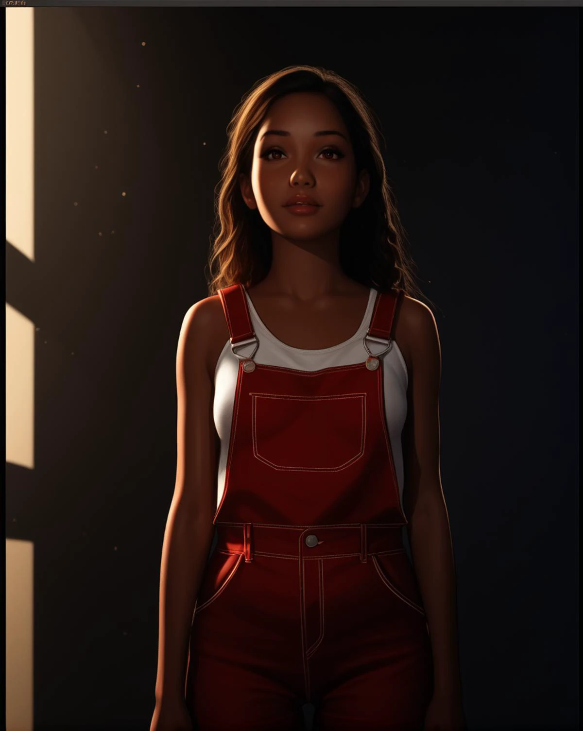 (score_8, score_8, score_8_up, score_8_up, content_explicit, source_anime, high quality, realistic:1.1), a very dark photo, a young woman, detailed skin texture, backlit, red dress, <lora:Express My weird detail style XL - pony v1.0:1>, crystals,bermuda overalls,romantic, a combination of soft lighting, warm tones, and gentle shadows to enhance the romantic atmosphere,16k,f/2.8,focus mode single,rule of thirds,iso1600
