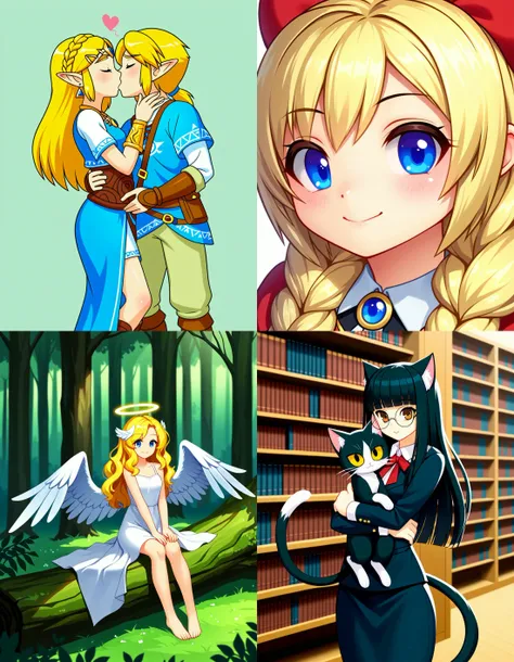 https://civitai.com/articles/5300 ___ All images: score_9, score_8_up, score_7_up ___ 1st image: 1girl, 1boy, Princess_Zelda, \(The_Legend_of_Zelda:_Breath_of_the_Wild\), standing, kiss, hug, closed_eyes ___ 2nd image: 1girl, lovely face, portrait, close-up, looking_at_viewer, closed_mouth ___ 3rd image: 1girl, solo, blonde_hair, wavy_hair, angel, angel_wings, halo, smile, sitting, forest, white_dress ___ 4th Image: 1girl, solo, long_hair, black_hair, blunt_bangs, straight_hair, round_eyewear, cat_girl, cat_ears, cat_tail, standing, hug cat, looking_at_viewer, library