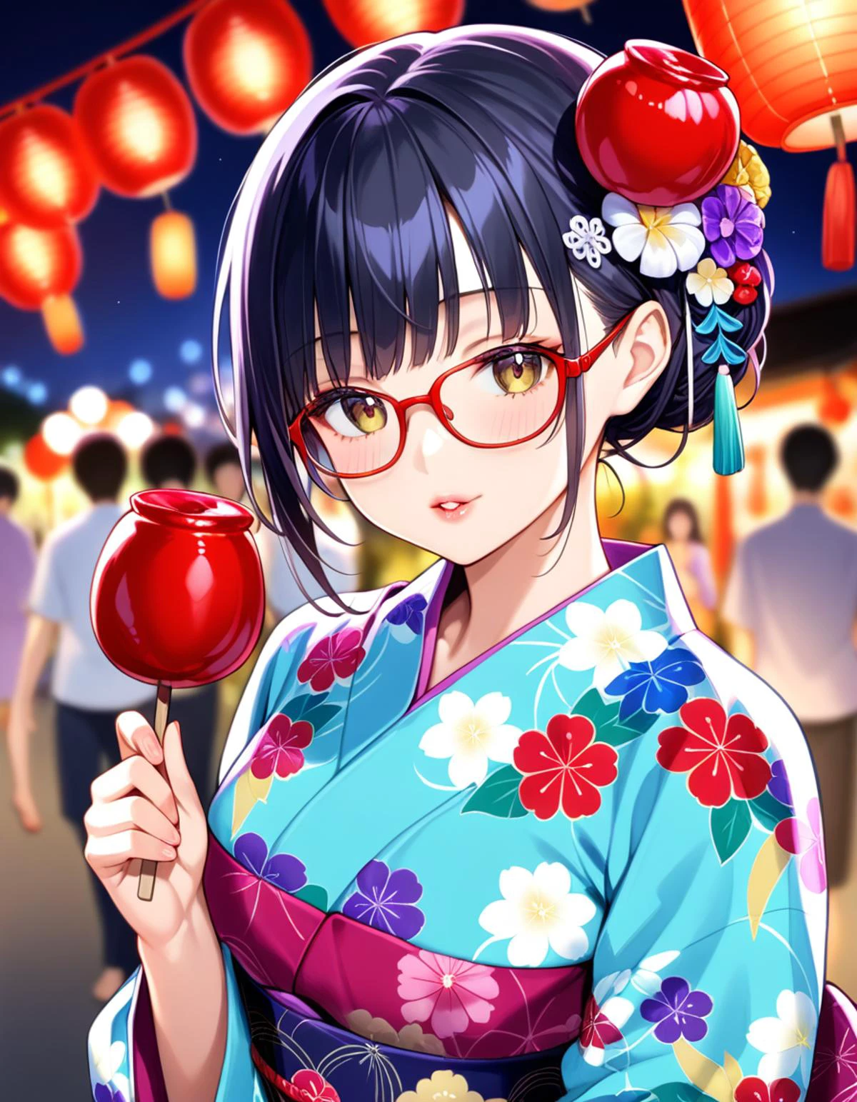 masterpiece, best quality, very aesthetic, absurdres, ringoame, 1girl, glasses, food, black hair, yukata, floral print, candy apple, hair ornament, looking at viewer, lips, hair flower, holding food, upper body, holding, outdoors, bangs, blurry background, night, summer, paper fan, uchiwa, paper lantern, <lora:ringoame_SDXL_V1:1>