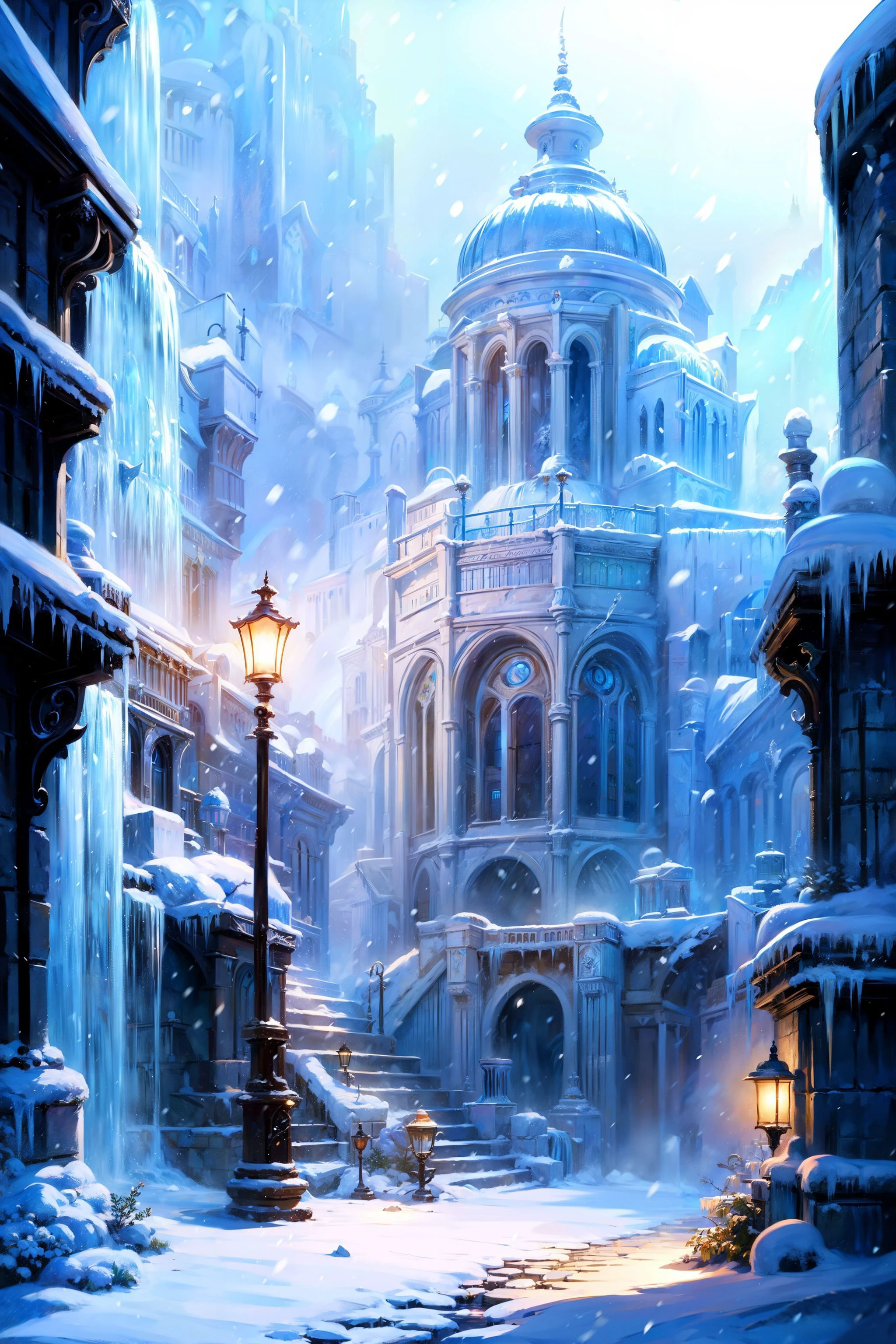 (masterpiece, best quality:1.2), Numenor, waterfall, medieval fantasy city, stairs, (street lamp:0.8), ice, snowing, morning, fog, professional lighting, 8k ultra detailed, photorealistic, cinematic shot <lora:Numenor:0.7> <lora:RealmsOfIce:0.7> <lora:add_detail:0.8>