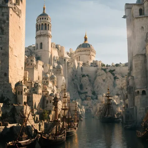 (masterpiece:1.2), (best quality,:1.2), 8k, HDR, ultra detailed, ((photorealistic)), professional light, cinematic lighting, fashion photography, ambient lighting, atmospheric effects, Numenor, a medieval fantasy harbour, some big ships, big statues, towers, walls, <lora:Numenor-10:1>, in the style of Middle Earth, Tolkien, Minas Tirith, epiCPhoto