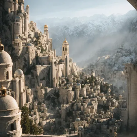 (masterpiece:1.2), (best quality,:1.2), 8k, HDR, ultra detailed, ((photorealistic)), professional light, cinematic lighting, fashion photography, ambient lighting, atmospheric effects, Numenor, a big medieval fantasy city on a mountain, high towers, high walls, <lora:Numenor-10:1>, in the style of Middle Earth, Tolkien, Minas Tirith, epiCPhoto