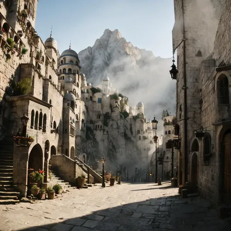 (masterpiece:1.2), (best quality,:1.2), 8k, HDR, ultra detailed, ((photorealistic)), professional light, cinematic lighting, fashion photography, ambient lighting, atmospheric effects, Numenor, a street with stairs in a big medieval fantasy city on a mountain, high towers, high walls, <lora:Numenor-10:1>, in the style of Middle Earth, Tolkien, Minas Tirith, epiCPhoto