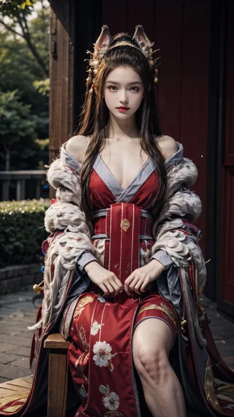 best quality,HDR,UHD,8K,Vivid Colors,solo,front view,(photo_(medium)),(looking at viewer:1.2),(1girl:1.3),(outside:1.5),(sitting:1.5),furniture,bright light,<lora:add_detail:1>,<lora:yuzaoqian:0.75>,yuzaoqian,fox ears,